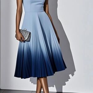 Fehaute Pleated Classic Square Neck Sleeveless A-Line Midi Dress (Blue, Size 6)